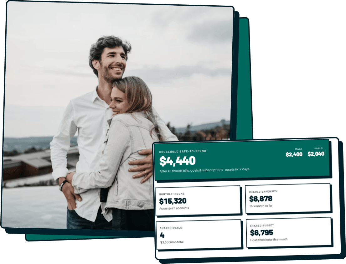 RetroFi household safe-to-spend widget beside a photo of a couple at home