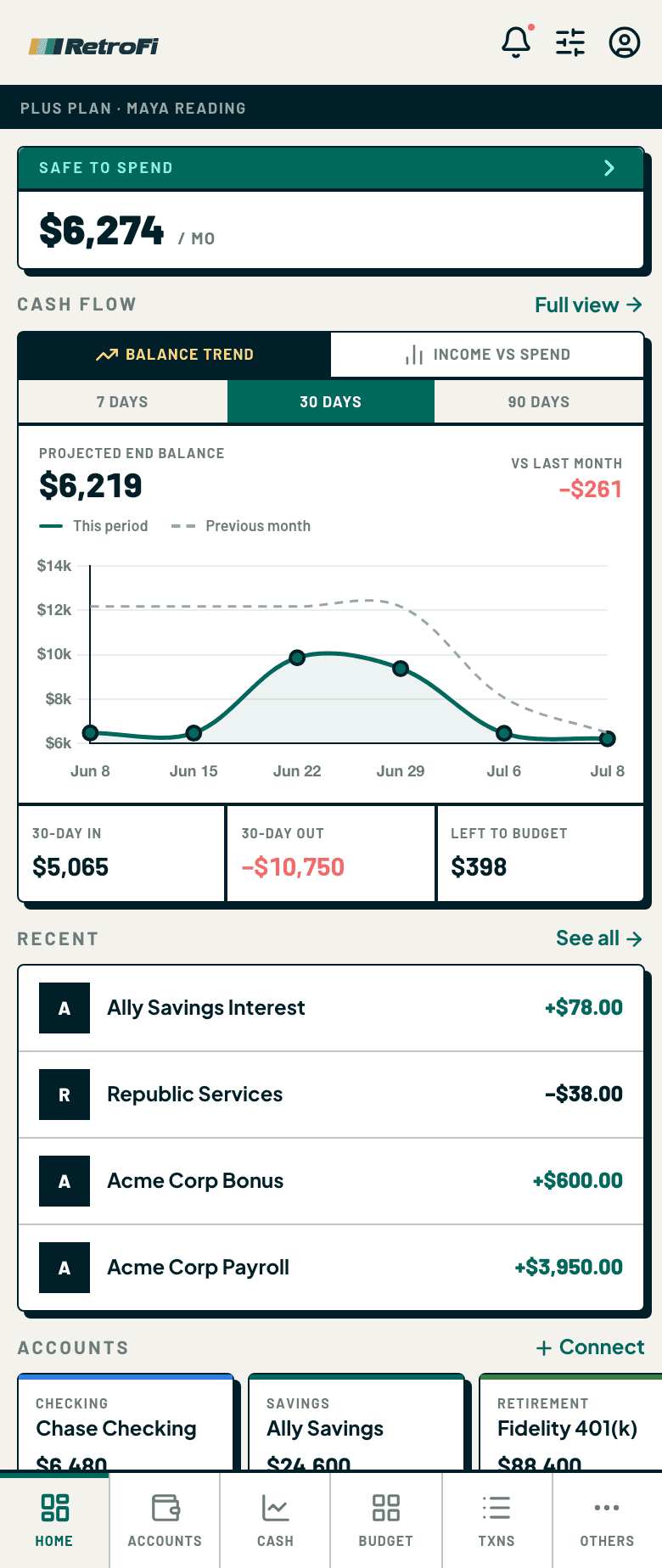 RetroFi cash flow forecast on iPhone